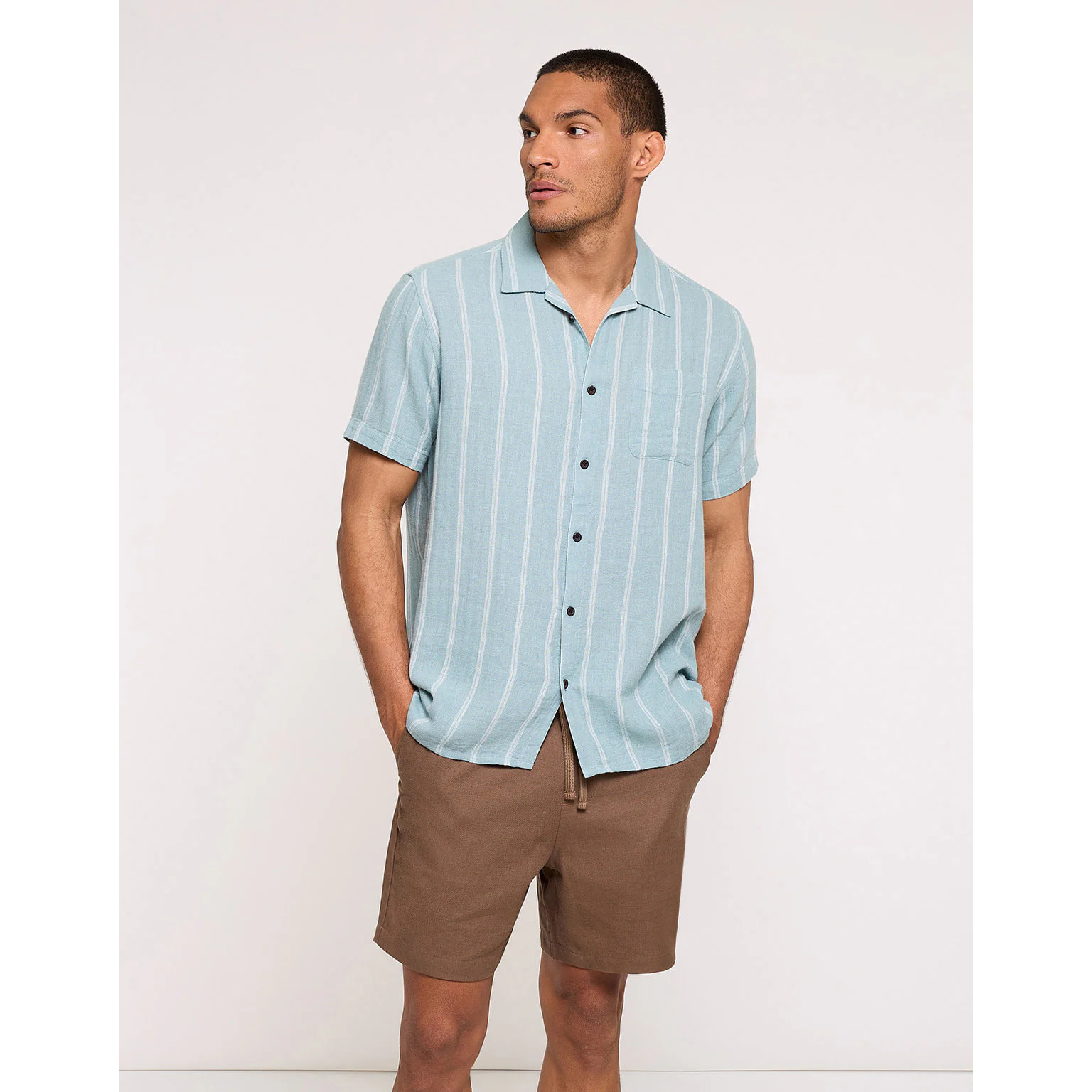 Camisa Manga Corta con Lino Azul Claro Rayas - Selvaire