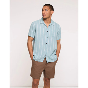 Camisa Manga Corta con Lino Azul Claro Rayas - Selvaire