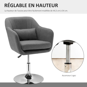 Fauteuil lounge design grand confort coussins lombaires hauteur réglable pivotant 360° piètement métal chromé lin gris