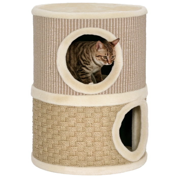 Barril Rascador para Gatos de 2 Niveles, Altura 49 cm, Tonel de Escalada con Cama, Cubierto de Sisal, Torre Rascador para Gatos, Ø35,5x49 cm, Caqui y Café