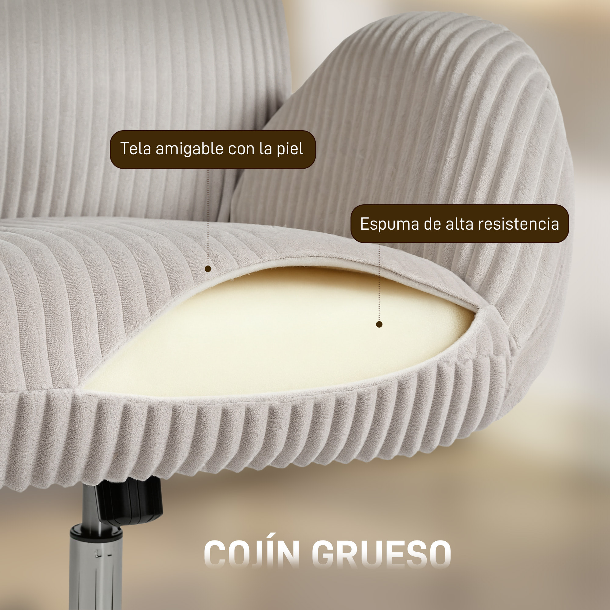 Silla de Oficina Piernas Cruzadas, Silla de Escritorio con Reposabrazos, Respaldo Alto, Reposacabezas Regulable, Ruedas, Altura Ajustable, Giratoria, Función Basculante, Tapizada en Pana, Gris