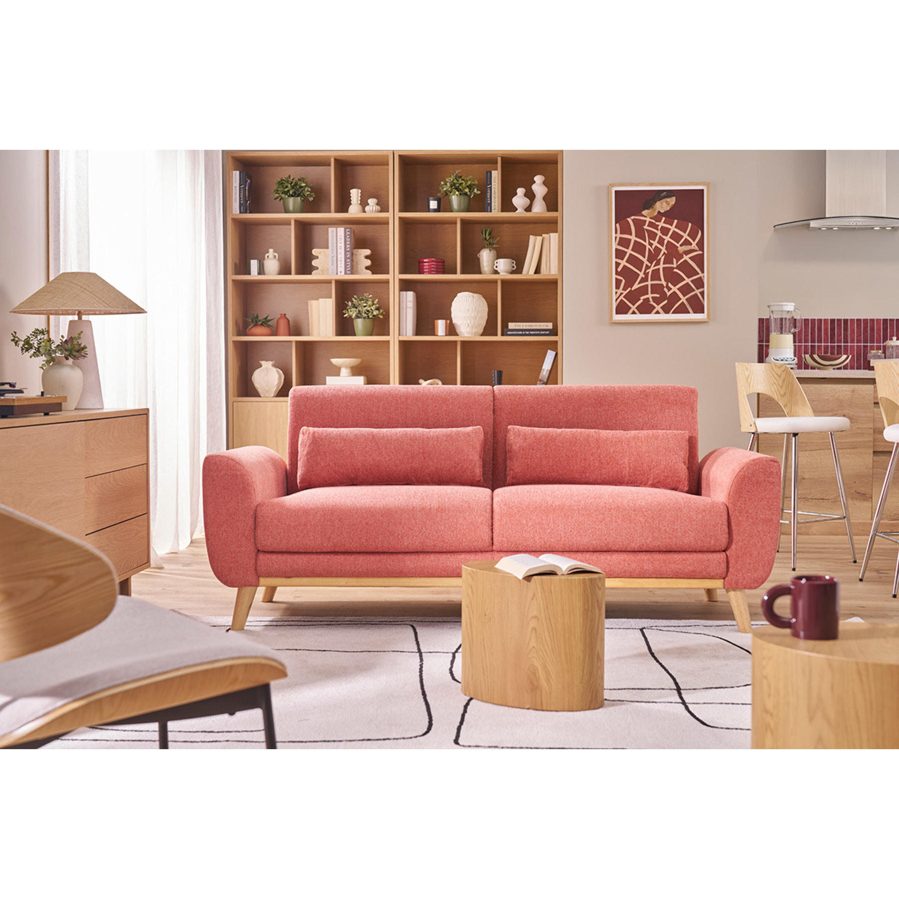 Canapé scandinave 3 places en tissu effet velours texturé taupe et bois clair EKTOR