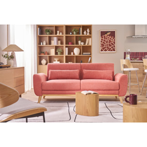 Canapé scandinave 3 places en tissu effet velours texturé taupe et bois clair EKTOR