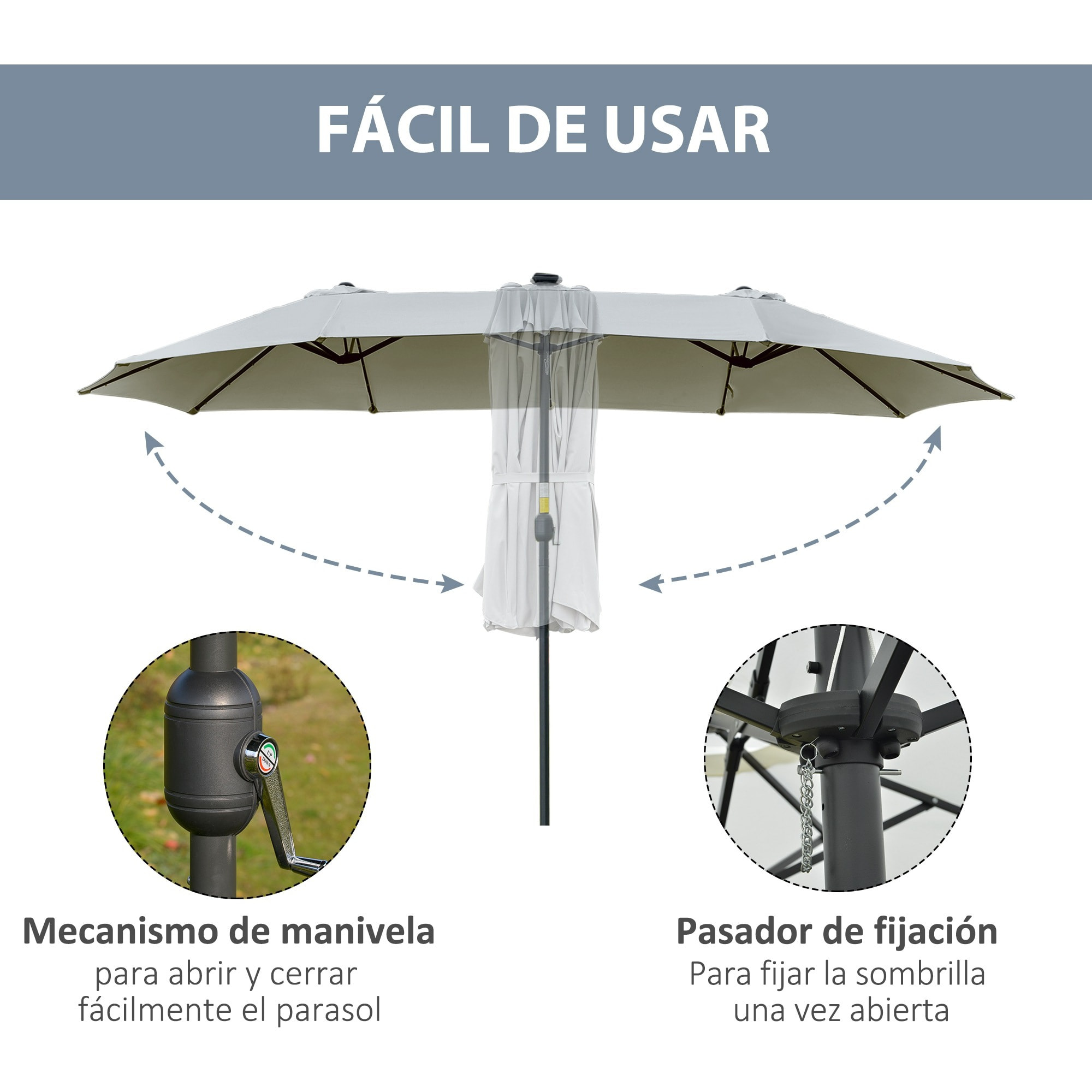 Outsunny Sombrilla Doble de Jardín con 48 Luces LED Solar 450x265x240 cm Parasol para Patio con Manivela Protección Solar para Terraza Balcón Piscina Gris Claro