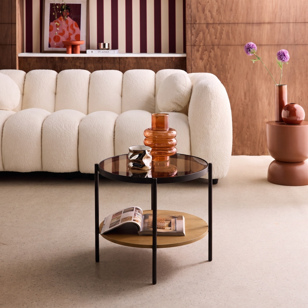 Table d'appoint ronde double plateau verre trempé, décor bois et métal SMOOKY