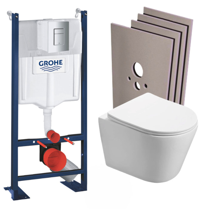 Pack WC Bâti autoportant + WC sans bride SAT Infinitio + Abattant softclose + Plaque Chrome mat + Set habillage