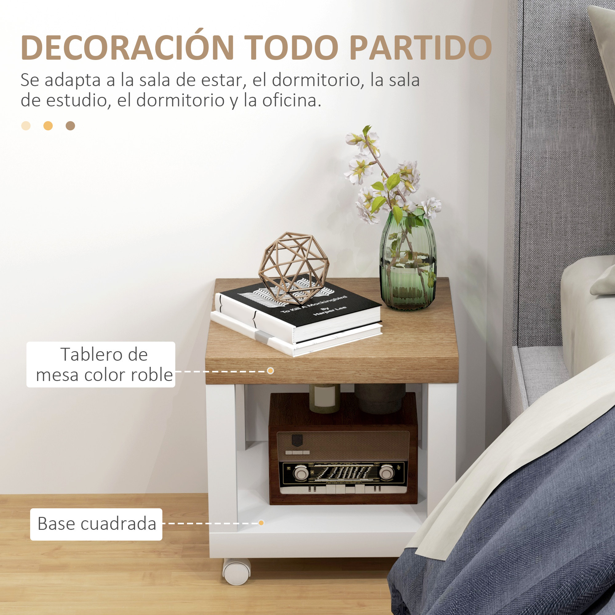 Mesita Auxiliar con Ruedas Mesa Auxiliar con Estante Abierto Mesa para Sofá Sala Dormitorio 40x40x40 cm Natural y Blanco