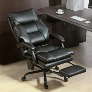 Silla de Escritorio con Soporte Lumbar Inflable, Tapizada en PU, Silla de Oficina Giratoria con Reposapiés, Respaldo Reclinable, Respaldo Alto, Altura Ajustable, Negro