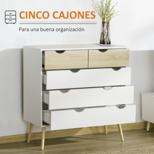 Cómoda con 5 Cajones, Cómoda Dormitorio con Patas Elevadas de Madera, Cajonera para Salón, Oficina, Estilo Nórdico, 99x39x101 cm, Blanco y Roble