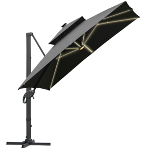 Parasol déporté rectangulaire parasol LED inclinable pivotant manivelle acier alu. dim. 3L x 3l x 2,66H m polyester gris