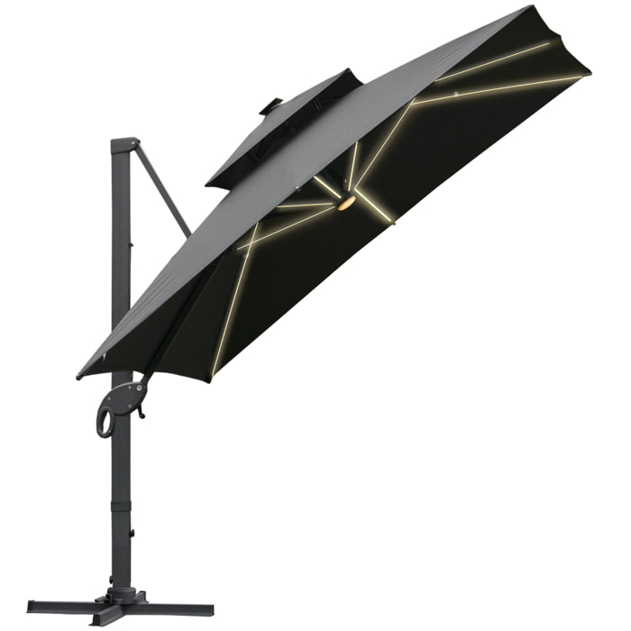 Parasol déporté rectangulaire parasol LED inclinable pivotant manivelle acier alu. dim. 3L x 3l x 2,66H m polyester gris