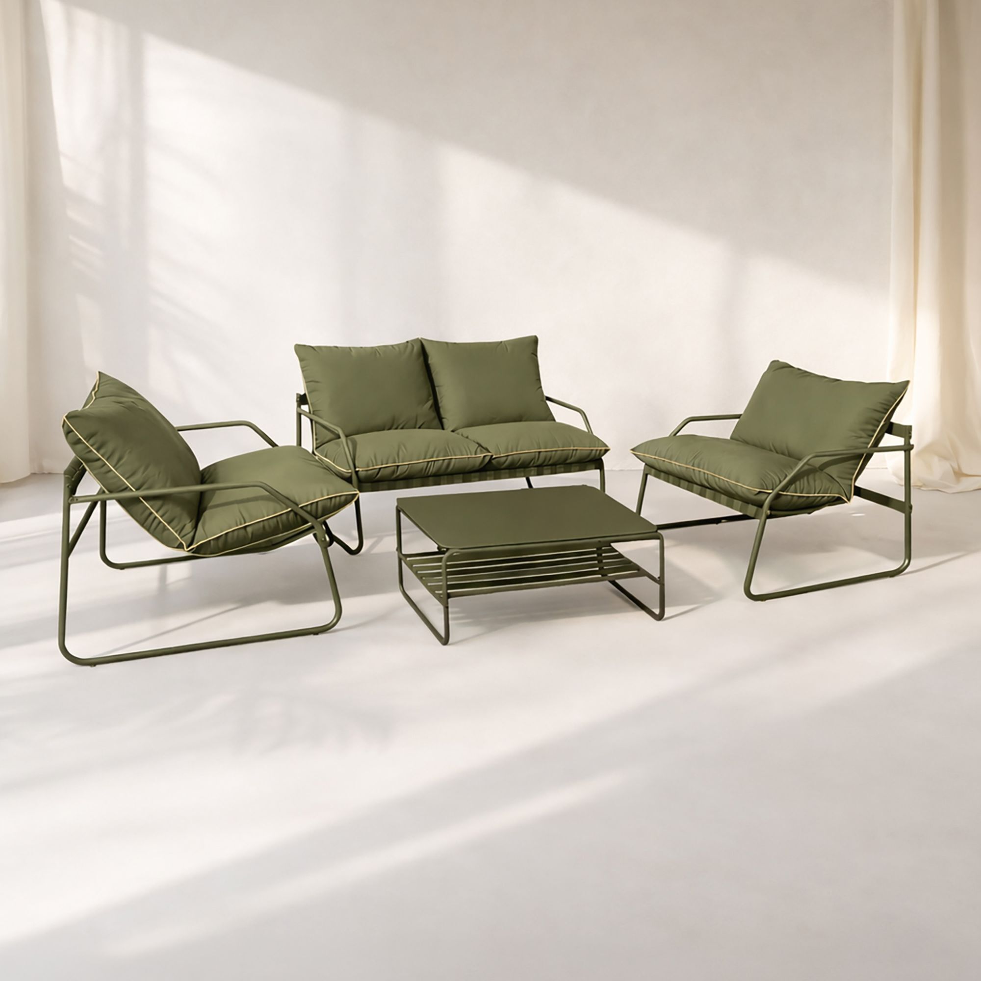 Salon de jardin 4 places en acier et tissu kaki LUIGI