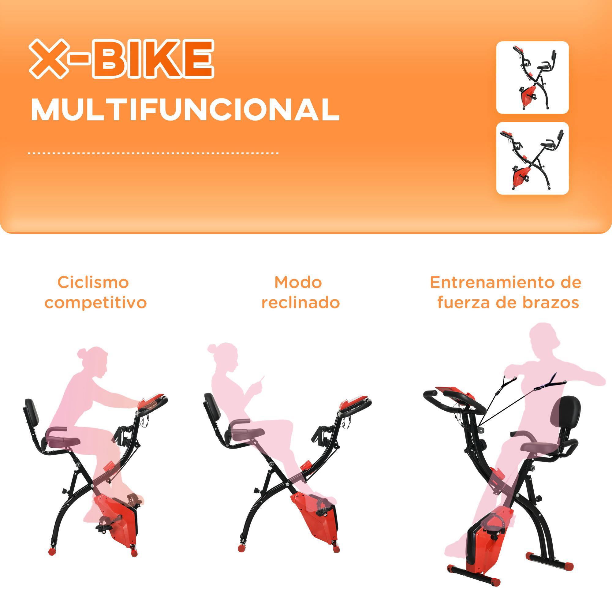 Bicicleta Estática Plegable 3 en 1 con Respaldo y 8 Niveles Resistencia Magnética, Bicicleta Estática para Casa Ajustable con Monitor LCD Volante Banda Sensor de Pulso Soporte de Teléfono Rojo