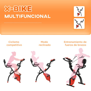 Bicicleta Estática Plegable 3 en 1 con Respaldo y 8 Niveles Resistencia Magnética, Bicicleta Estática para Casa Ajustable con Monitor LCD Volante Banda Sensor de Pulso Soporte de Teléfono Rojo