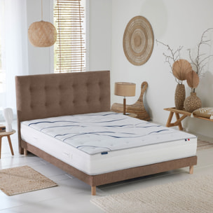 Ensemble matelas mousse ELYSIA avec sommier et tête de lit, chenille bouclettes moka