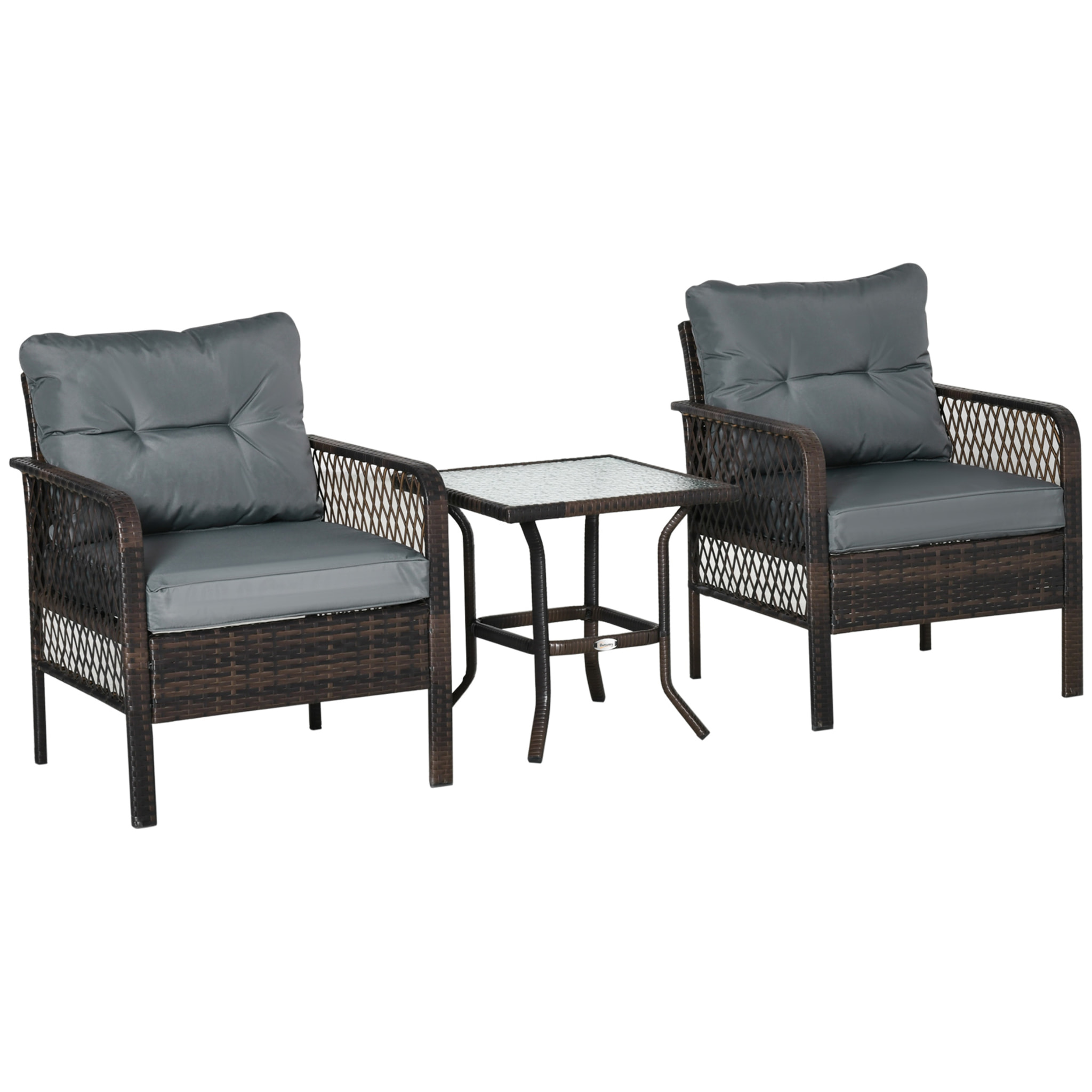 Conjunto de Muebles de Ratán Jardín 2 Sillones y Mesa de Vidrio Templado Marrón