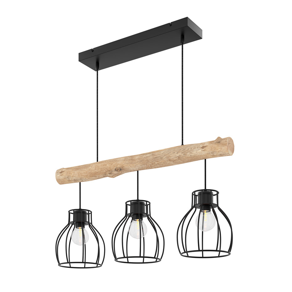 Suspension 3 lampes en bois d'eucalyptus et métal noir - Abby