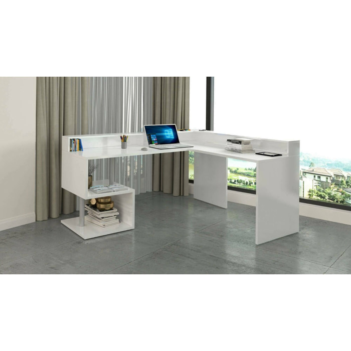 Scrivania Auletta, Scrittoio angolare con ripiani portaoggetti, Scrivania ufficio multiuso con sopralzo, 180x60h93 cm, Bianco