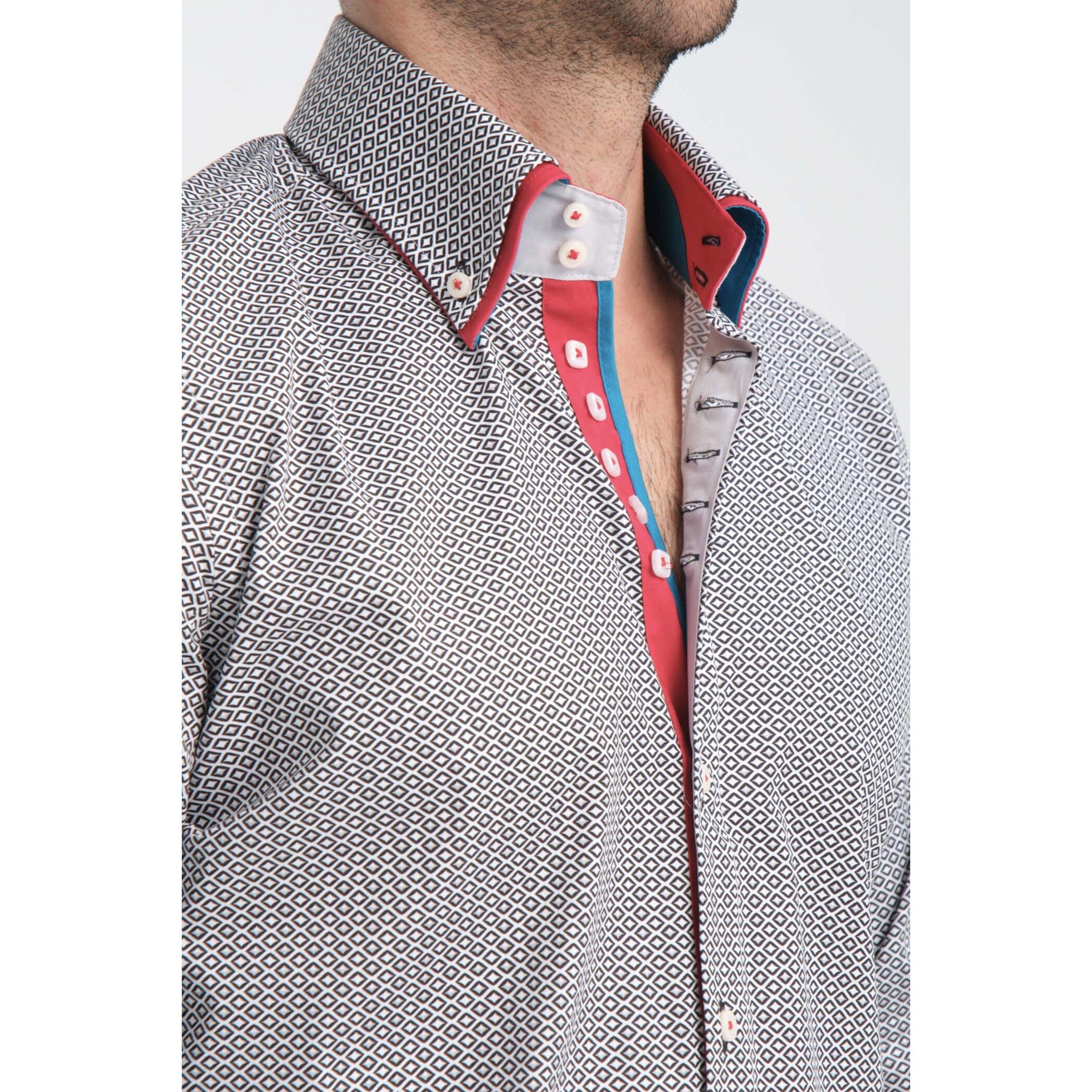 Camicia Uomo 2 Bottoni Button Down 7bottoni Doppio Coll Popeline Stretch Stampato Bianco/Nero