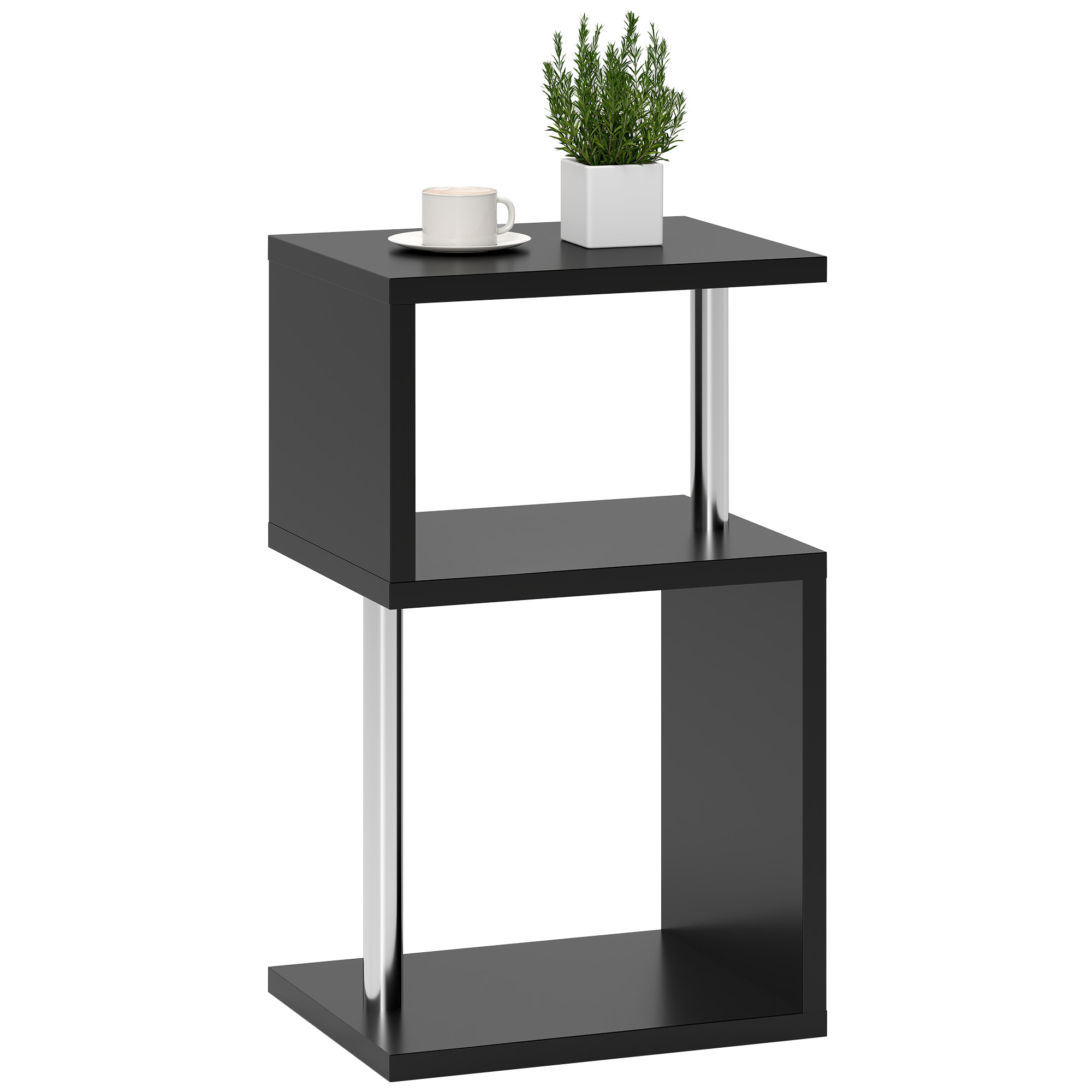 Mesa Auxiliar con Luz LED de 3 Niveles Mesita Auxiliar Moderno con Forma de S Estantes Abiertos y Estructura de Aluminio para Salón Dormitorio 44x38x75 cm Negro Brillo