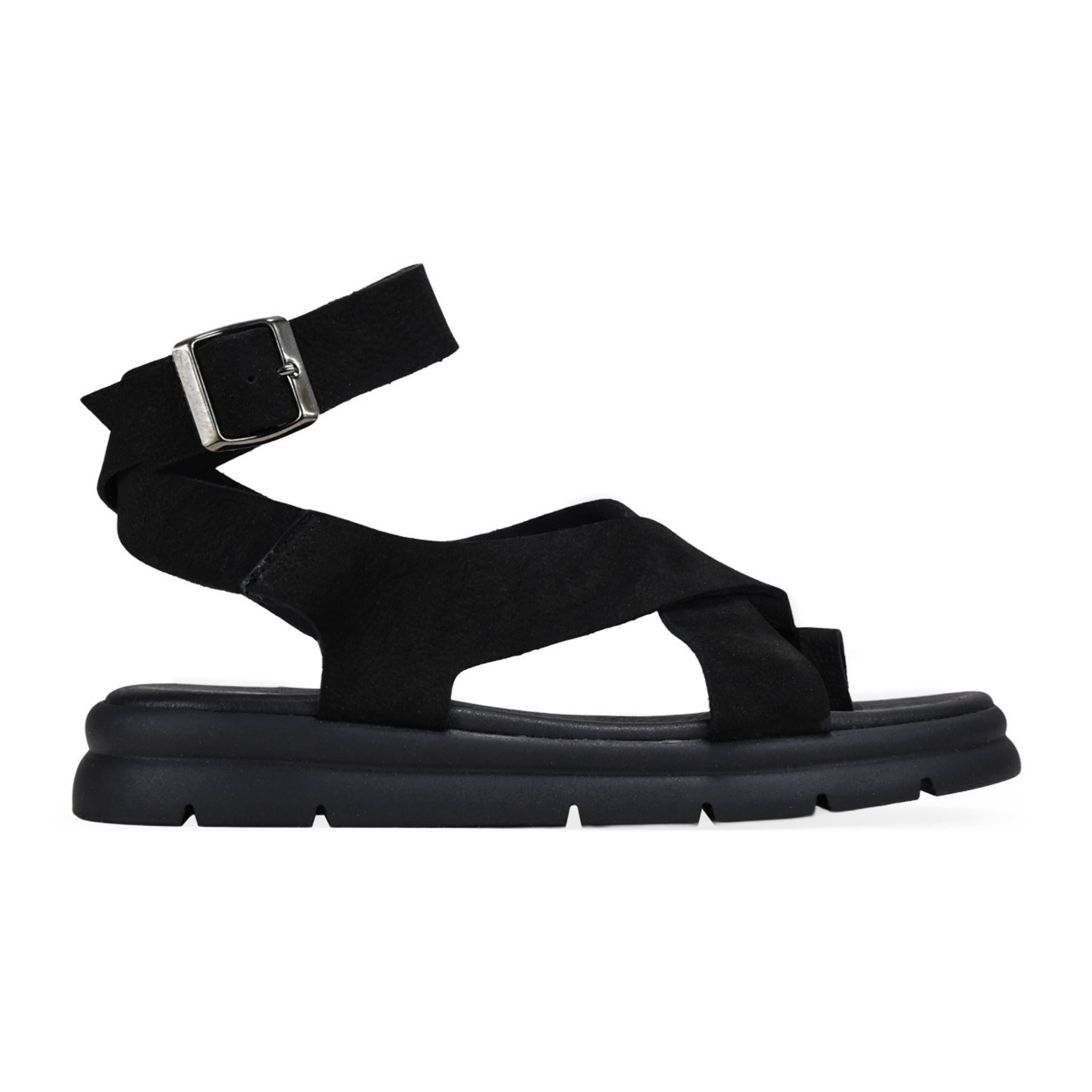 Sandalias de dedo negras en piel con hebilla