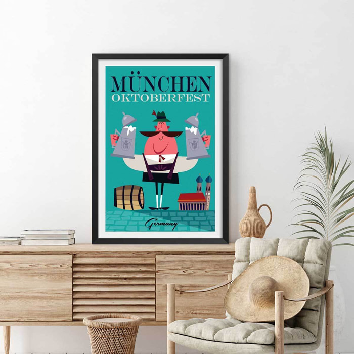 Poster retro munchen Affiche + cadre en bois - Noir