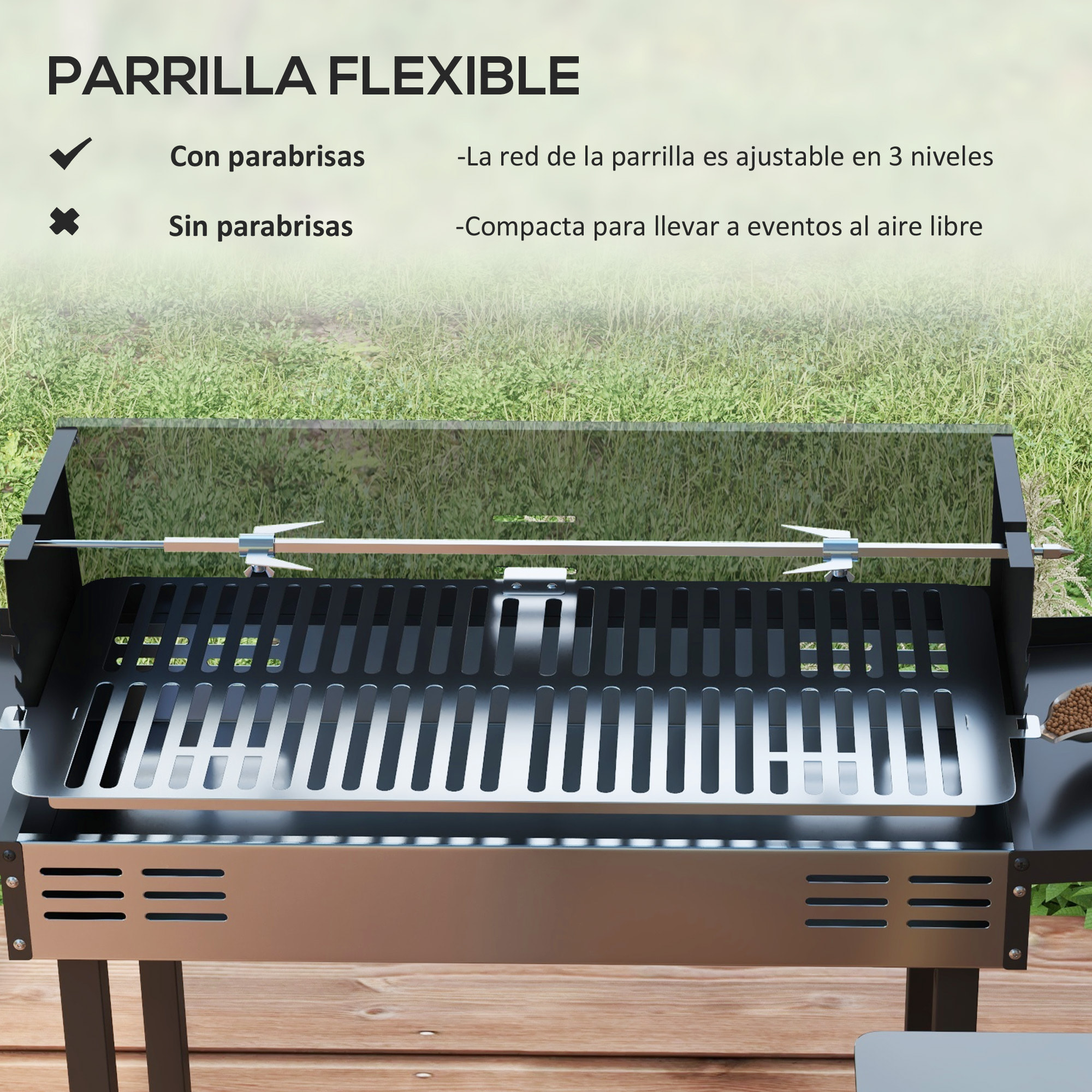 Barbacoa de Carbón Barbacoa Portátil 118x32x90 cm con Pincho Giratorio Ajustable en Altura de 3 Niveles Parrilla Plegables y Paravientos para Pícnic Camping Negro