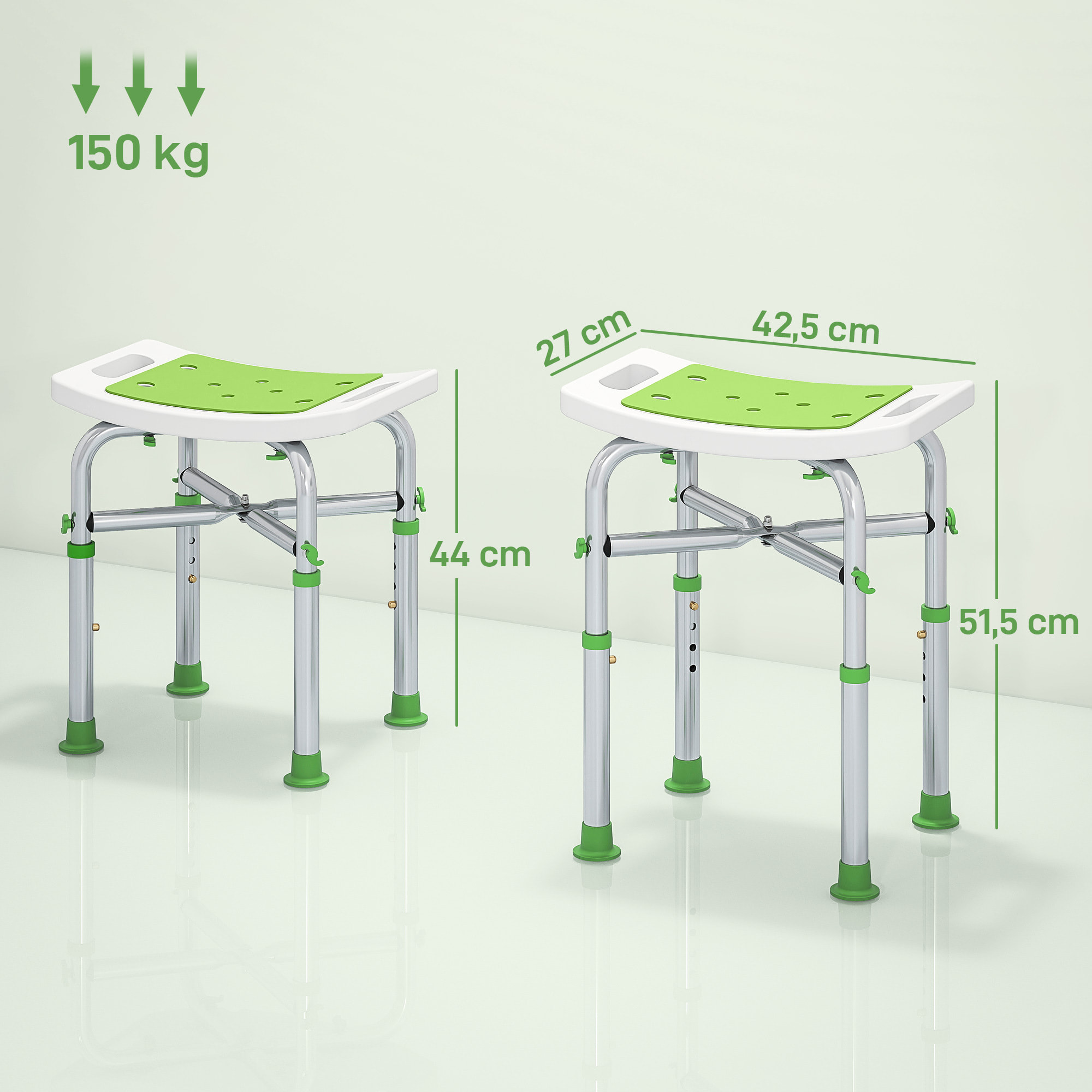 Siège de douche réglable en hauteur tabouret de douche ergonomique pieds antidérapants charge max. 150 Kg alu HDPE blanc vert