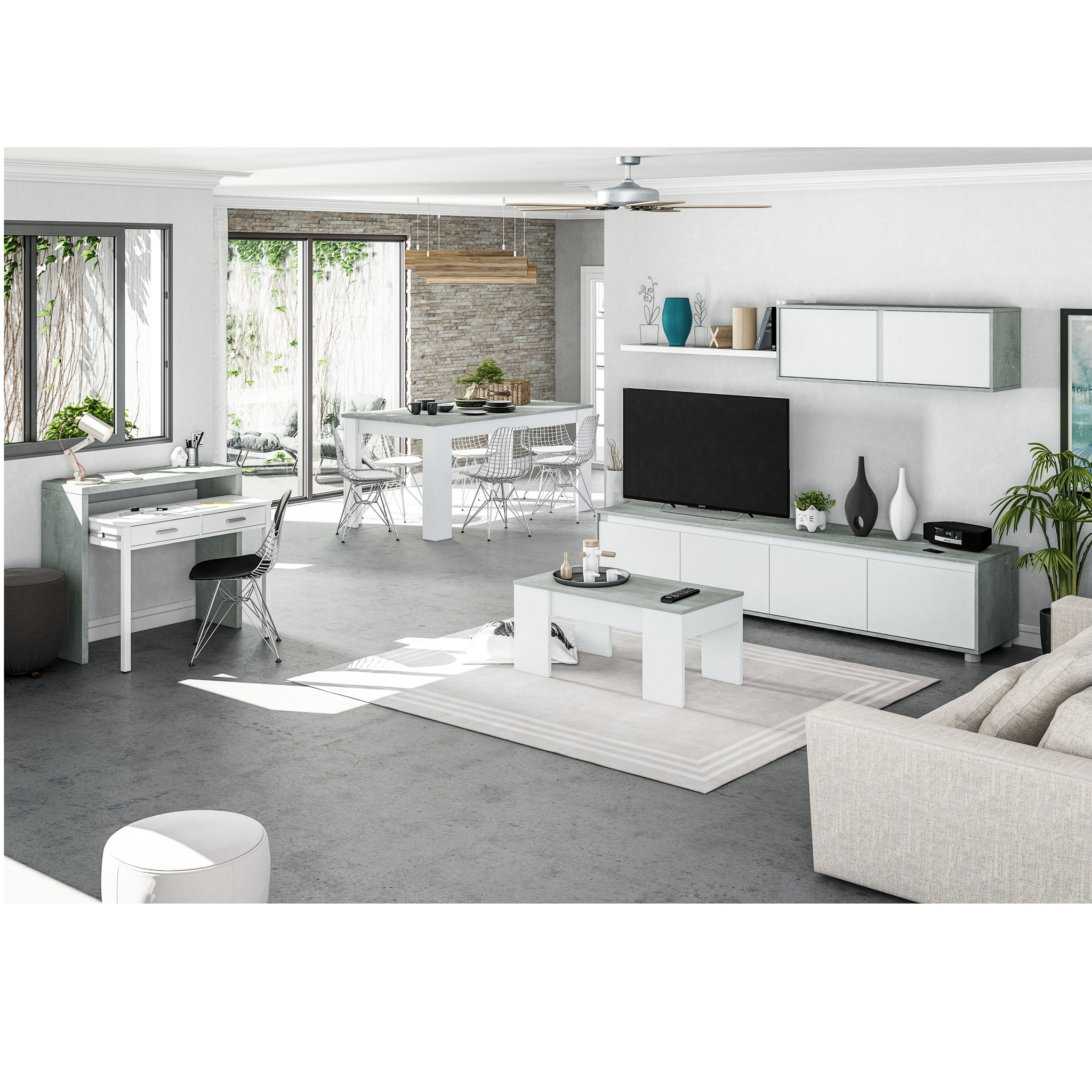 Parete Attrezzata Ginevra Mobile Soggiorno TV con Mensole Salotto Legno Base Televisione Sala da Pranzo Design Moderno 200x41x43 cm Bianco e Cemento