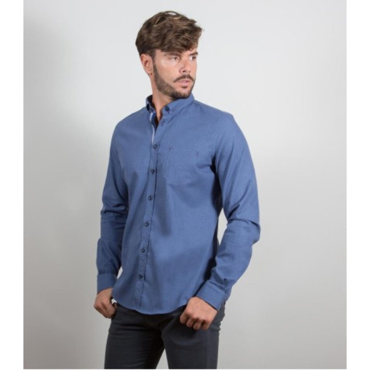 Camicia Uomo 1 Bottone Italiano Slim Flanella Unita Blu avion