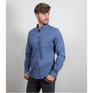 Camicia Uomo 1 Bottone Italiano Slim Flanella Unita Blu avion