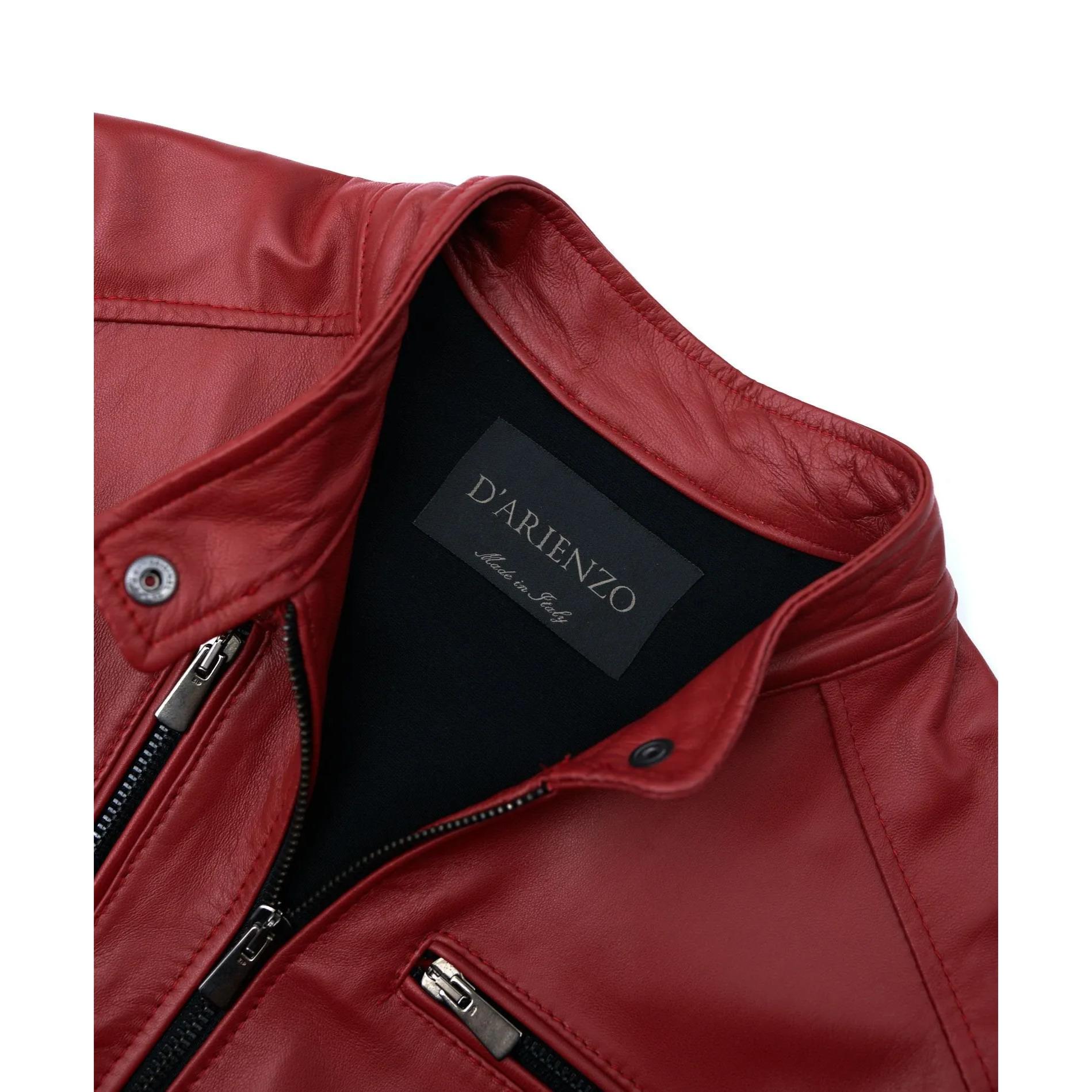 Giacca biker in pelle rossa nappa effetto liscio