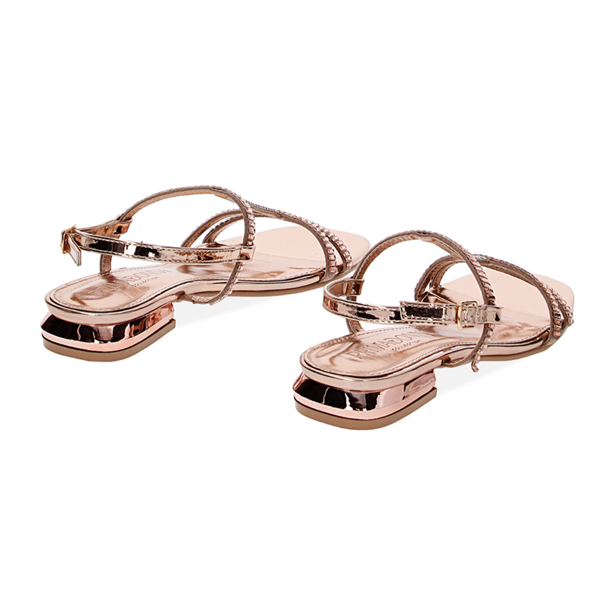Sandali bassi rosa-oro a specchio con pietre