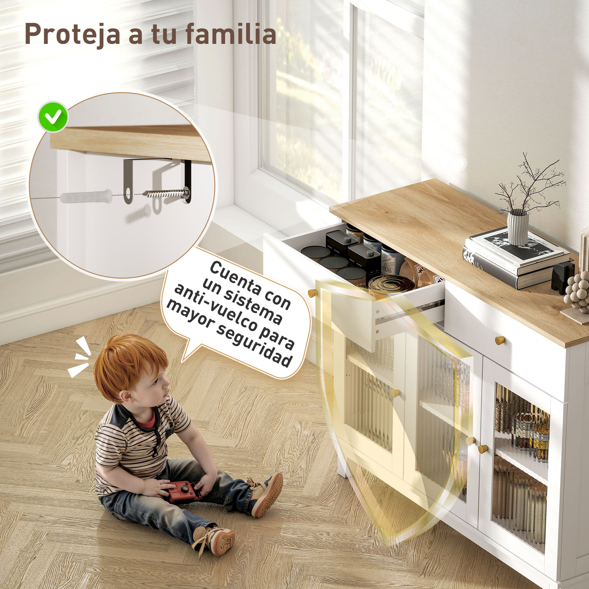 Aparador 3 Puertas de Vidrio Aparador para Salón Moderno con 2 Cajones y Estantes Ajustables para Comedor Entrada Blanco 100x35x80,3 cm