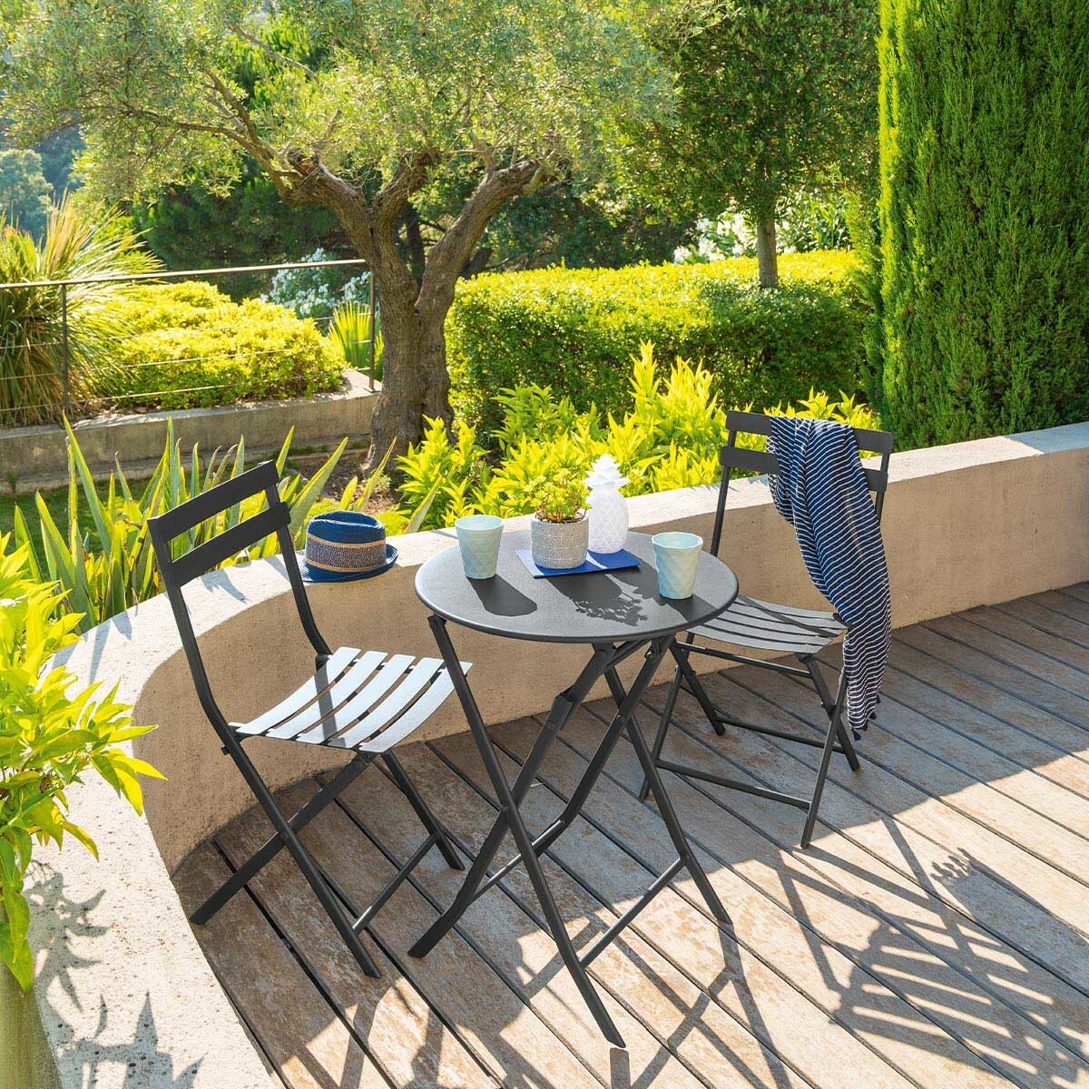 Table de jardin pliante ronde "Greensboro" graphite 2 places en acier traité époxy