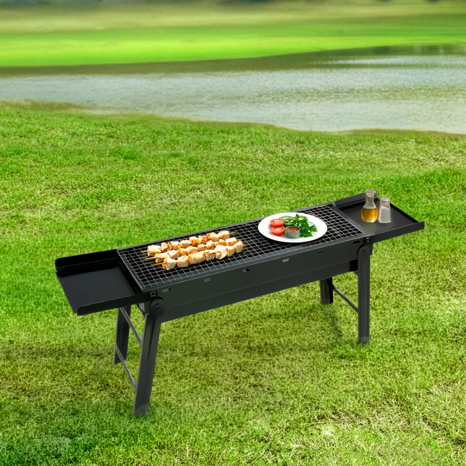 Barbacoa portátil de carbón YF-60A con diseño plegable, bandeja deslizante, baldas laterales y ventilación optimizada para una cocción uniforme y eficiente.