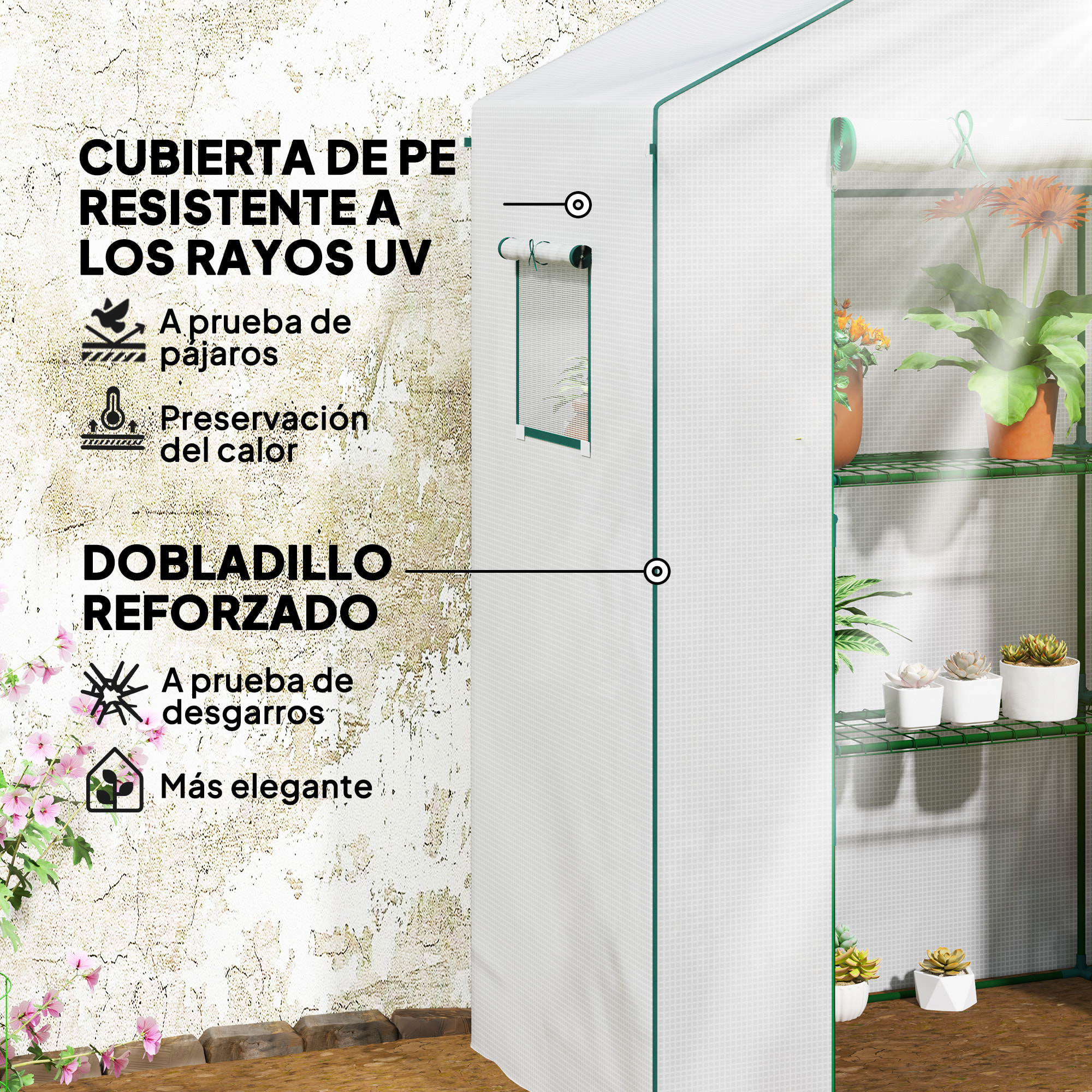Invernadero de Exterior de 3 Niveles Invernadero de Jardín con Puerta Enrollable 2 Ventanas Estantes en Forma de U para Cultivo de Plantas en Terraza Patio 140x73x190 cm Blanco