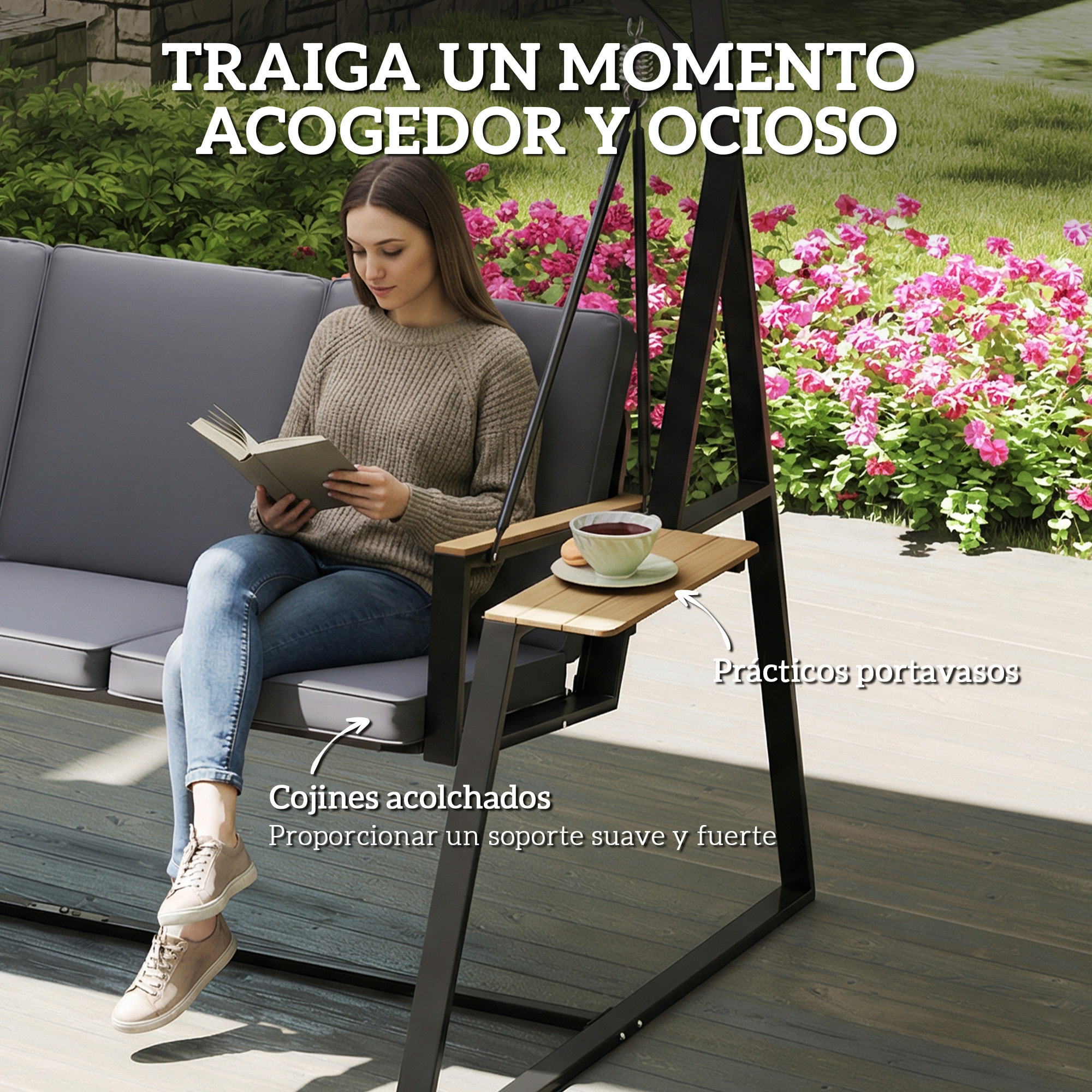 Columpio de Jardín de 3 Plazas, Balancín de Jardín Exterior con Techo Ajustable UPF50+, 2 Bandejas, Cojines y Marco de Metal, para Balcón, Terraza, Patio, Carga 360 kg, 222x131x175 cm, Gris