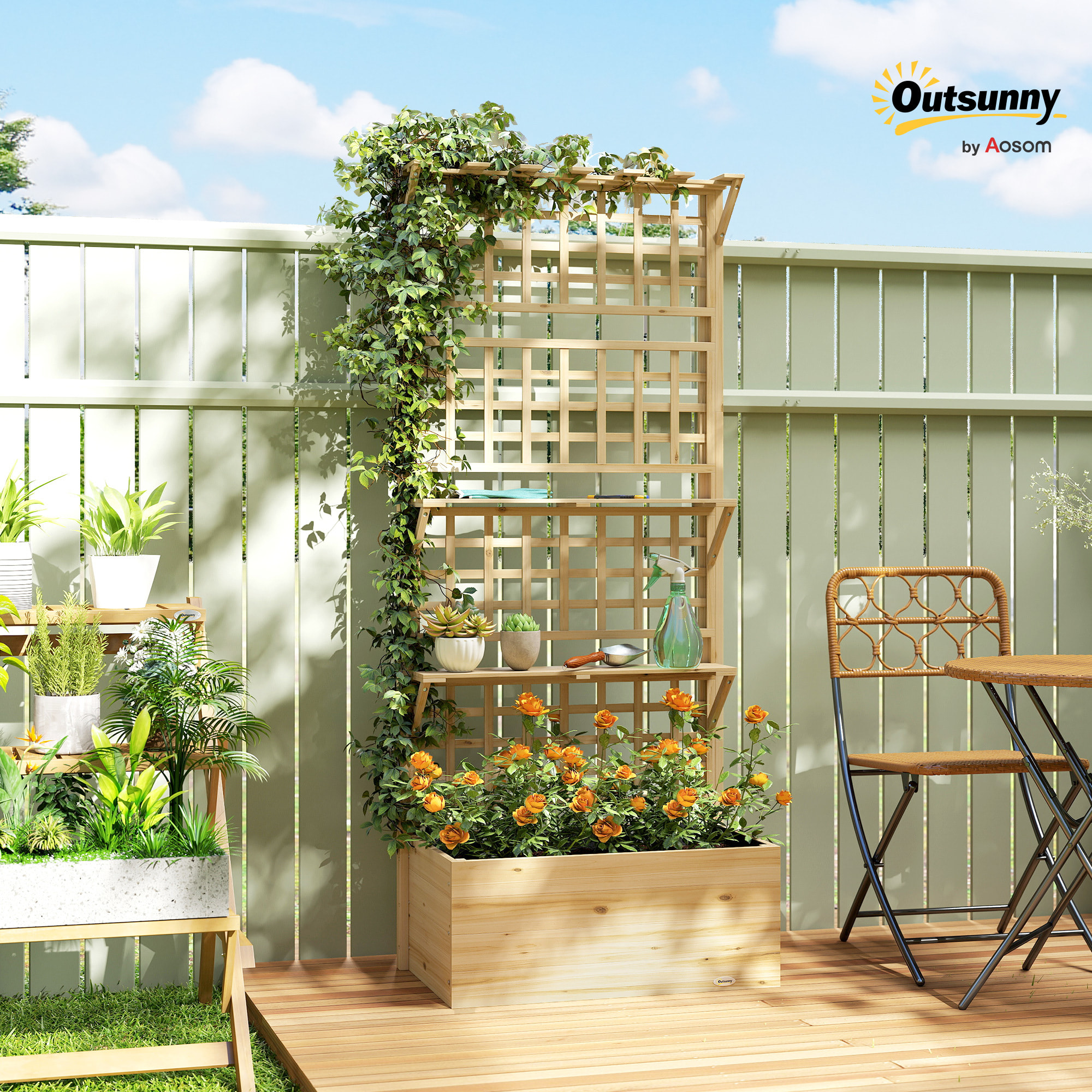 Jardinera con Enrejado y Techo de Madera, Jardinera Exterior Grande para Plantas Trepadoras, con 2 Estantes, Drenaje y Forro, Macetero Elevado para Patio, Terraza, 76x43,5x177 cm, Natural