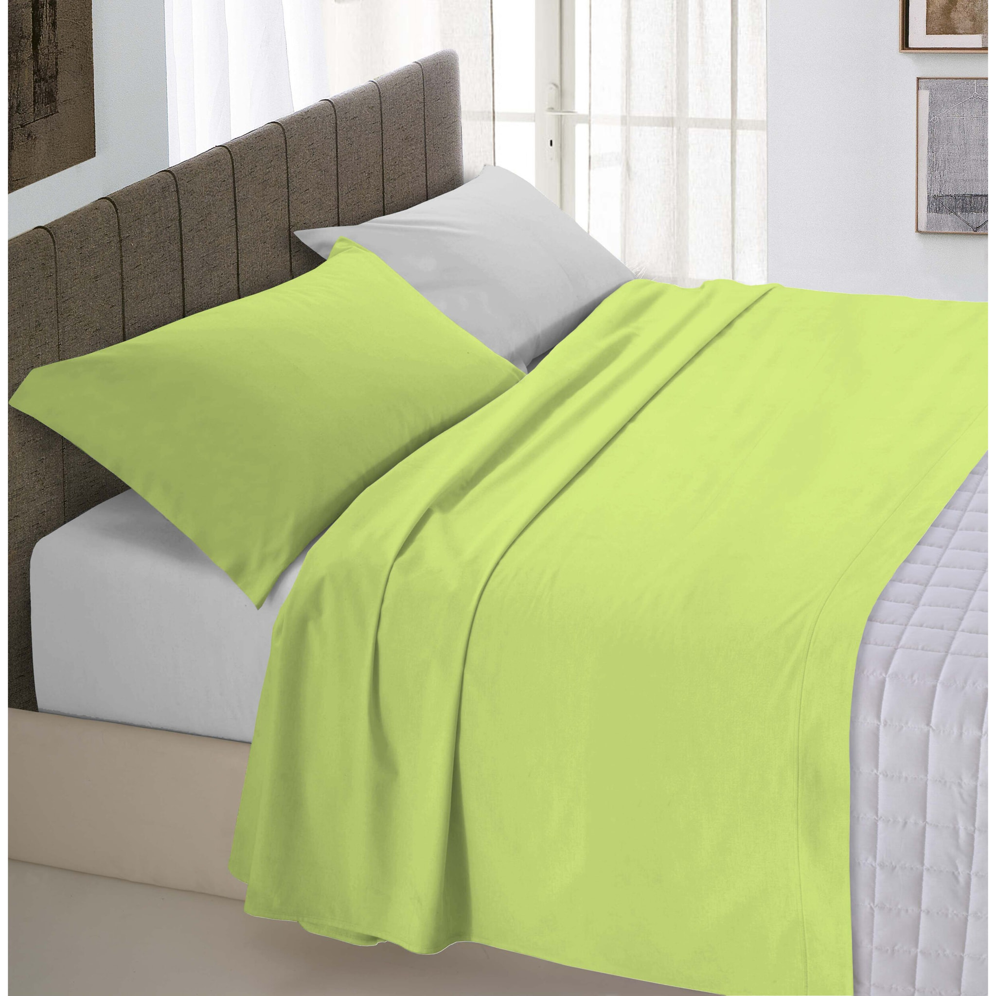 COMPLETO LETTO NATURAL COLOUR MADE IN ITALY COTONE-VERDE ACIDO/GRIGIO CHIARO PIAZZA E MEZZA