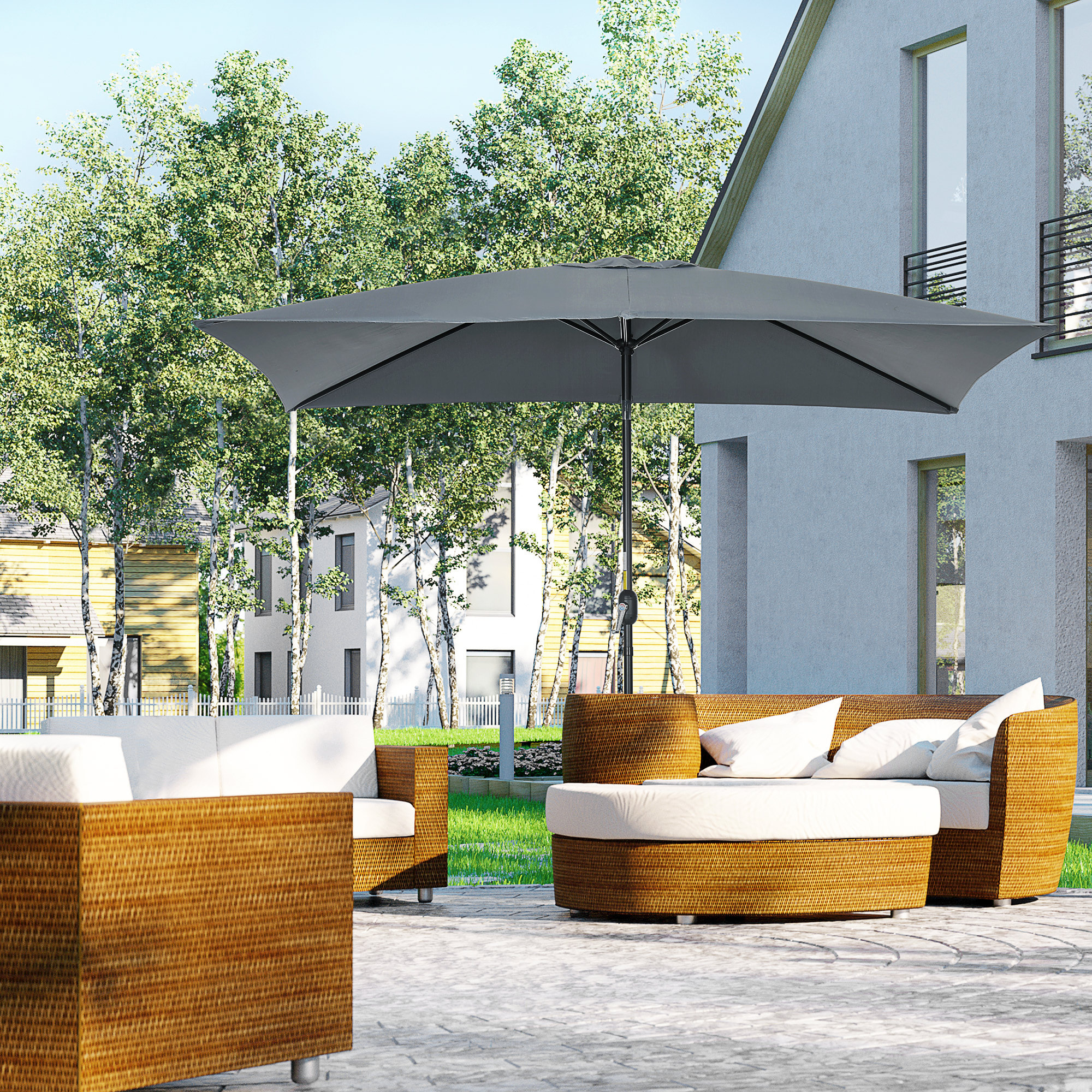 Sombrilla de Aluminio 200x300x240 cm Parasol Rectangular de Jardín Inclinable con Manivela y Poste Desmontable para Terraza Piscina Patio Exterior Gris