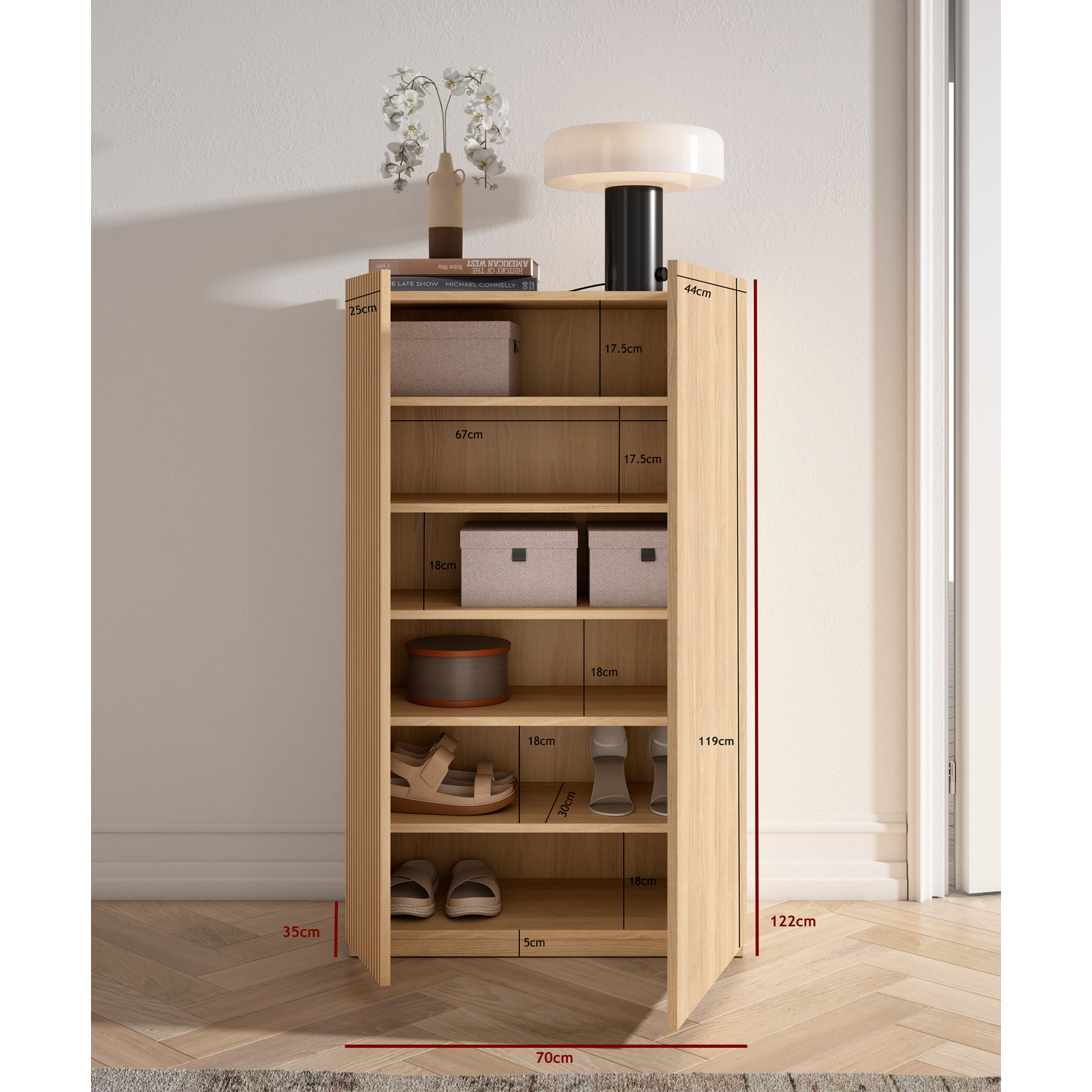 Zapatero Akra melamina roble dorado puerta impresión vallado 122x70x35cm