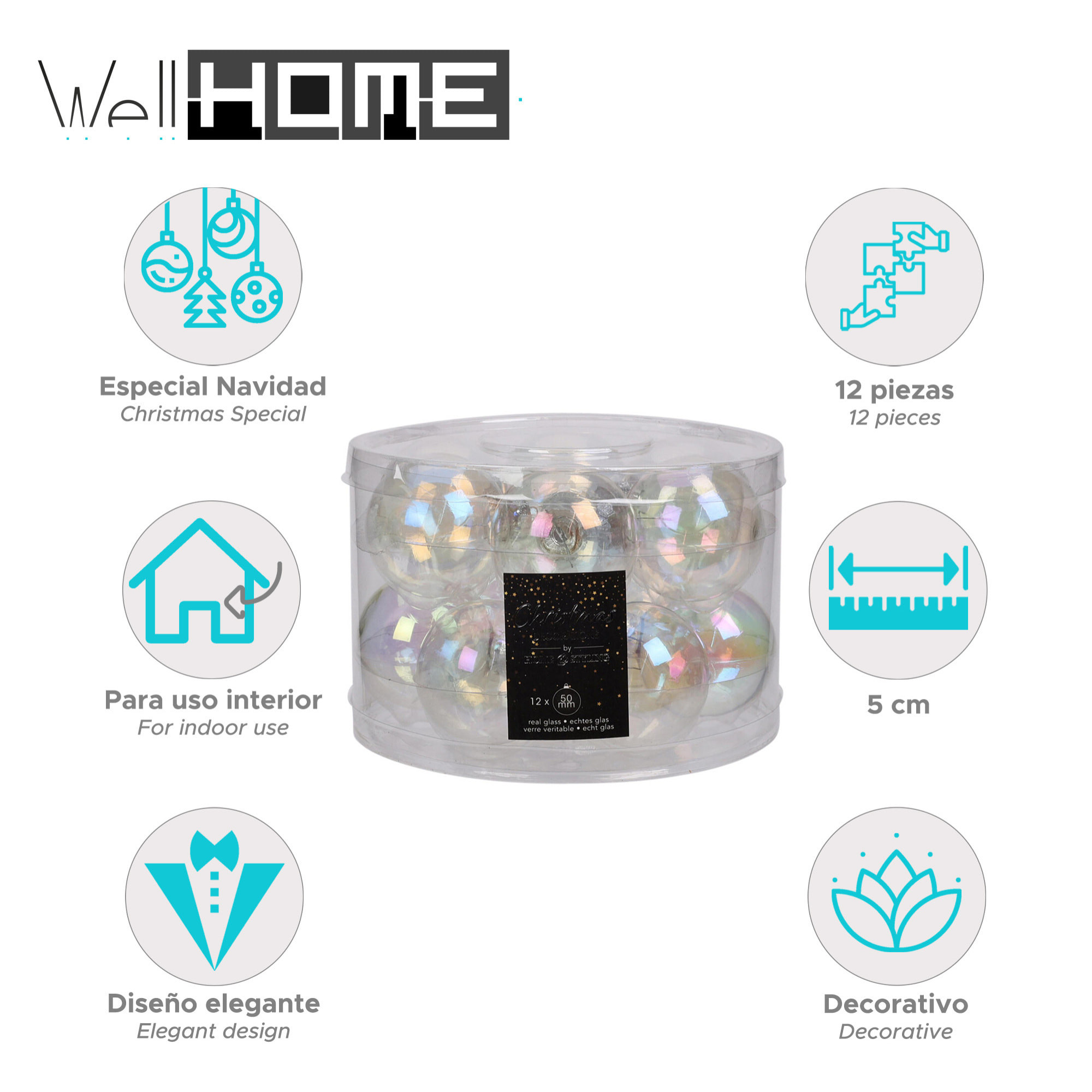 juego de 12 bolas de navidad color iridiscente 5cm - brillantes y mate