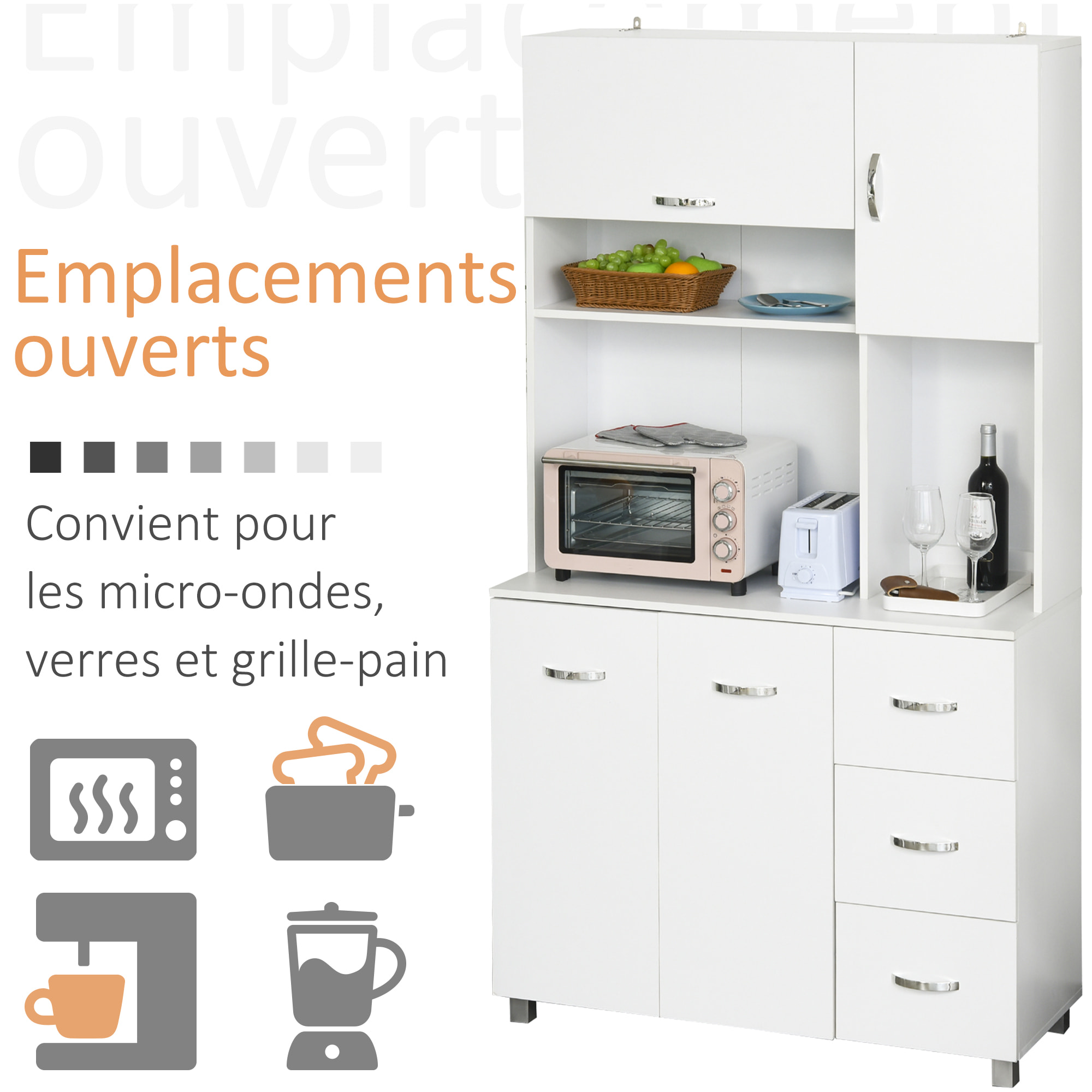 HOMCOM Armoire de cuisine multi-rangements 4 portes 3 tiroirs étagère + grand plateau 100L x 39l x 183H cm MDF blanc