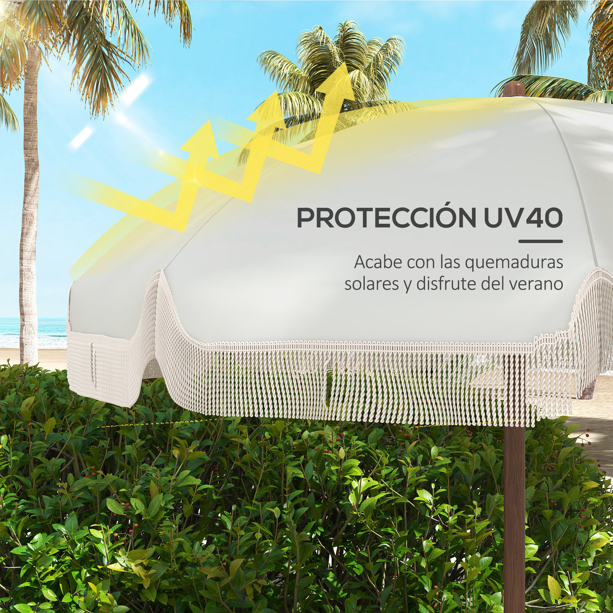 Outsunny Sombrilla de Playa Grande con Flecos Ø190 cm Sombrilla de Terraza Exterior con Protección UV40+ Antiviento Impermeable Mástil de Ø32 mm y Bolsa de Transporte Gris Claro