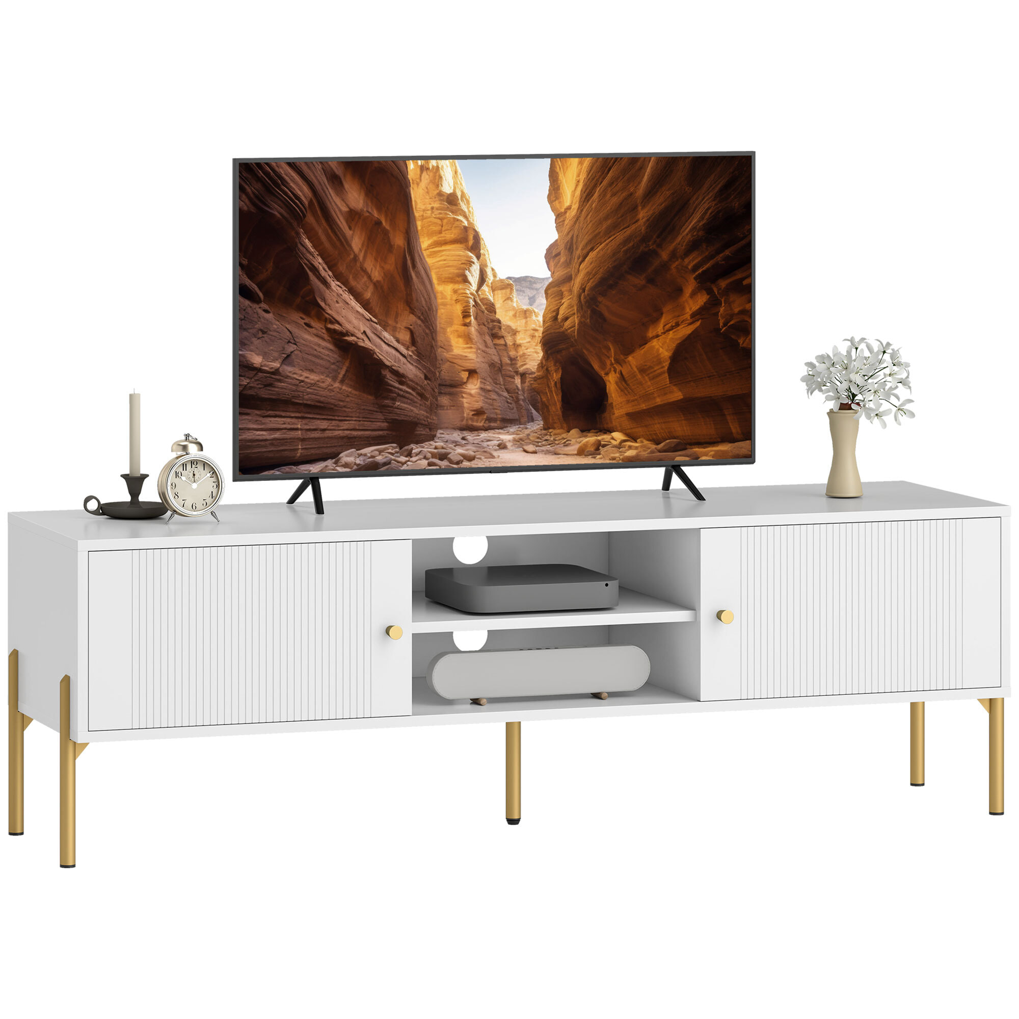 Mueble de TV Moderno de 2 Puertas, Mesa TV para Salón con 2 Estantes Abiertos Ajustables, Orificios Pasacables, Patas de Acero, para Televisión 65 Pulgadas, 140x38x45,9 cm, Blanco