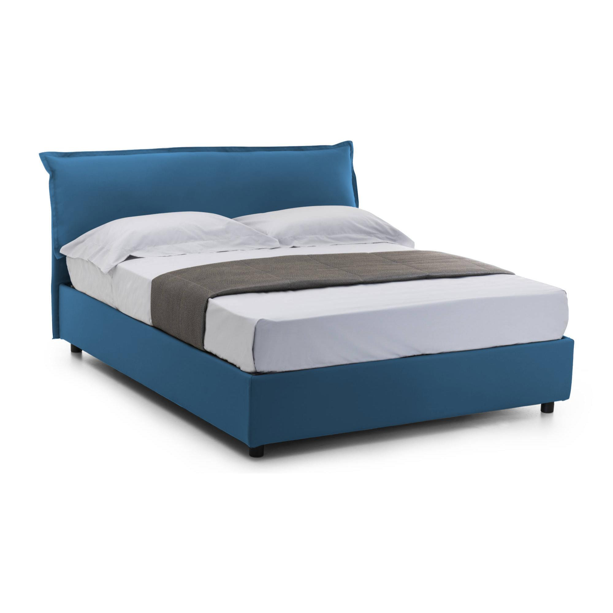 Letto matrimoniale Clorinda, Letto contenitore sfoderabile con testiera e giroletto contenitore imbottiti, 100% Made in Italy, con materasso Cm 160x200 incluso, Blu