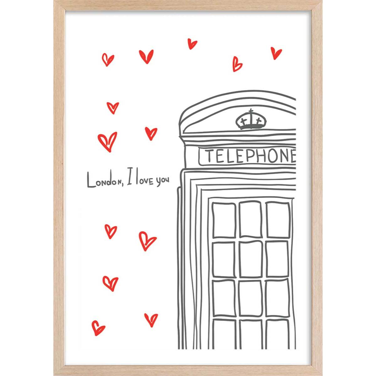 Affiche london i love you telephone boxes Affiche + cadre en bois - Chêne