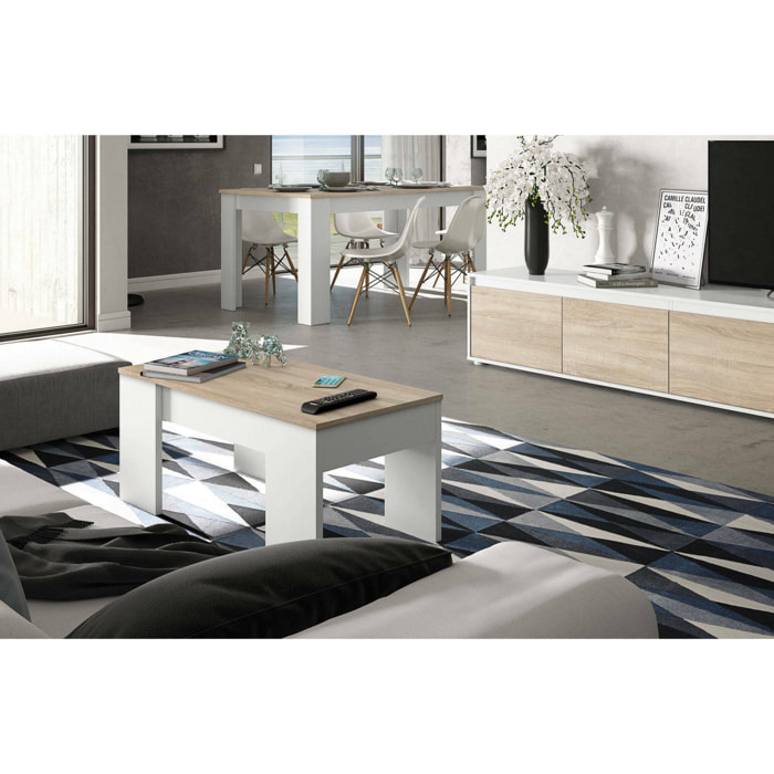 Tavolino da salotto Oceanside, Tavolino da caffè con piano elevabile, Tavolo basso da soggiorno, cm 100x50h45/56, Bianco e Rovere