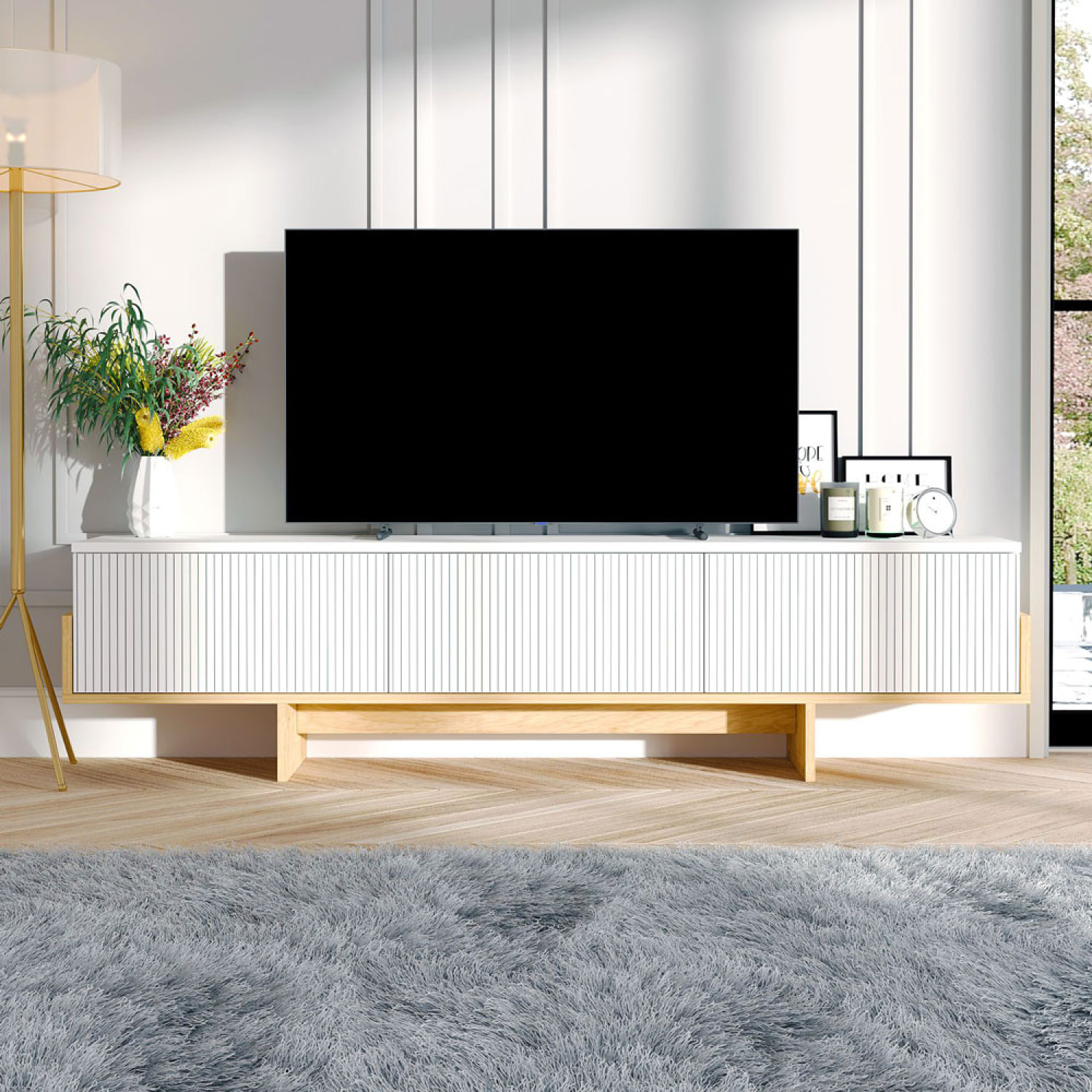 LEESBURG Meuble TV avec placards blanc et bois 180cm